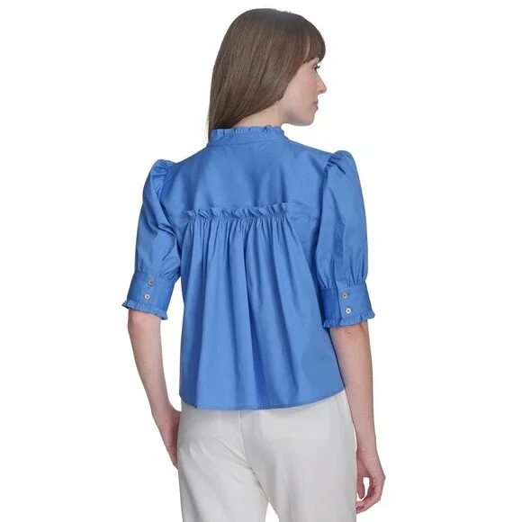 Tommy Hilfiger Puff-Sleeve Blouse Women's M Blue Ruffle Collar Button Closures - Picture 2 of 15